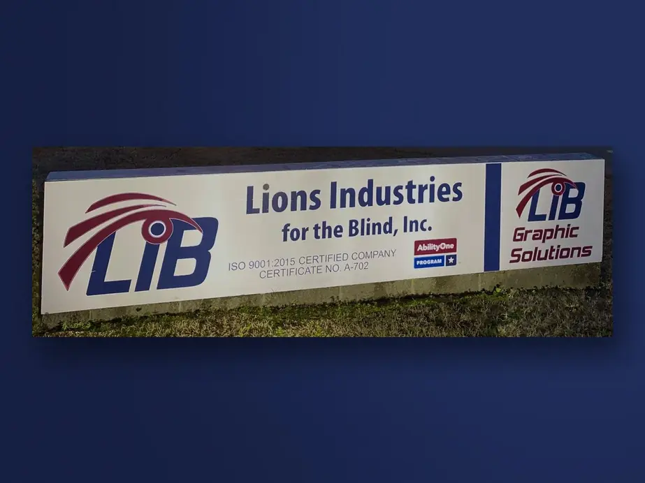 The Lions Industries for the Blind monument sign with the ISO 9001:2015 certificate number