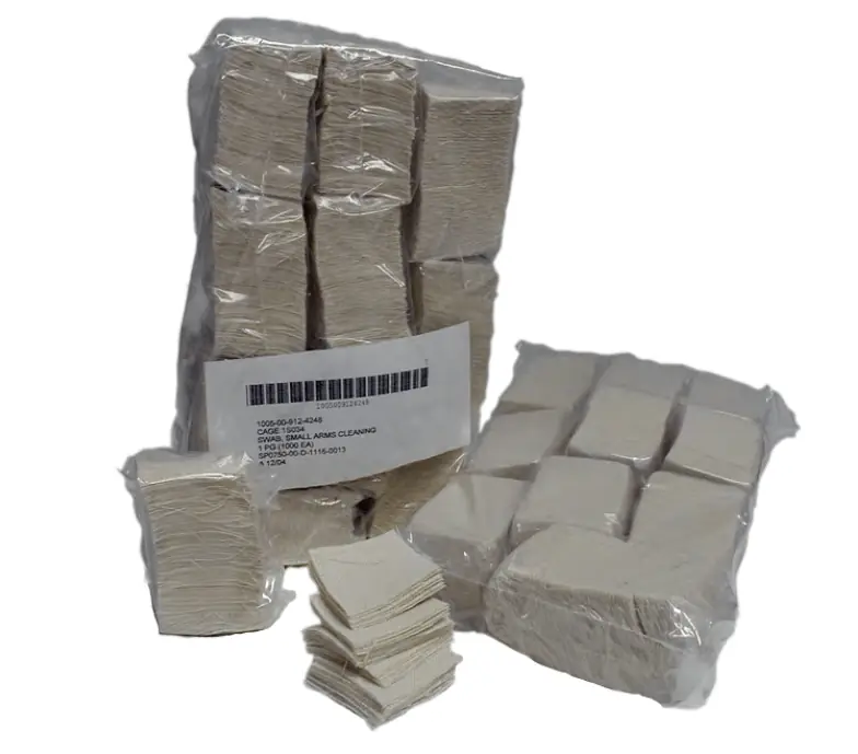 Bagged and loose cotton flannel cleaning swabs with a shipping label
